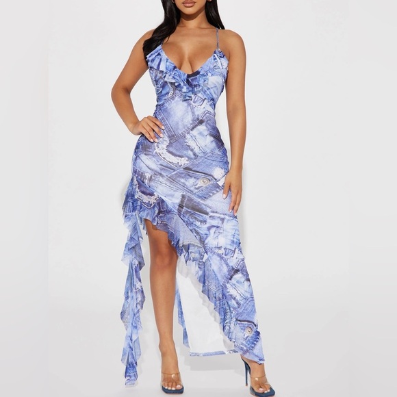 Denim Print Mesh Maxi Dress - Ruffle Detail - Denim Blue - Size 1X - Picture 2 of 4